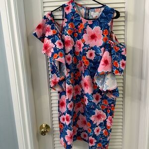 Bundle for $7: Mudpie dress with off-the-shoulder ruffle “sleeves” -pink on blue